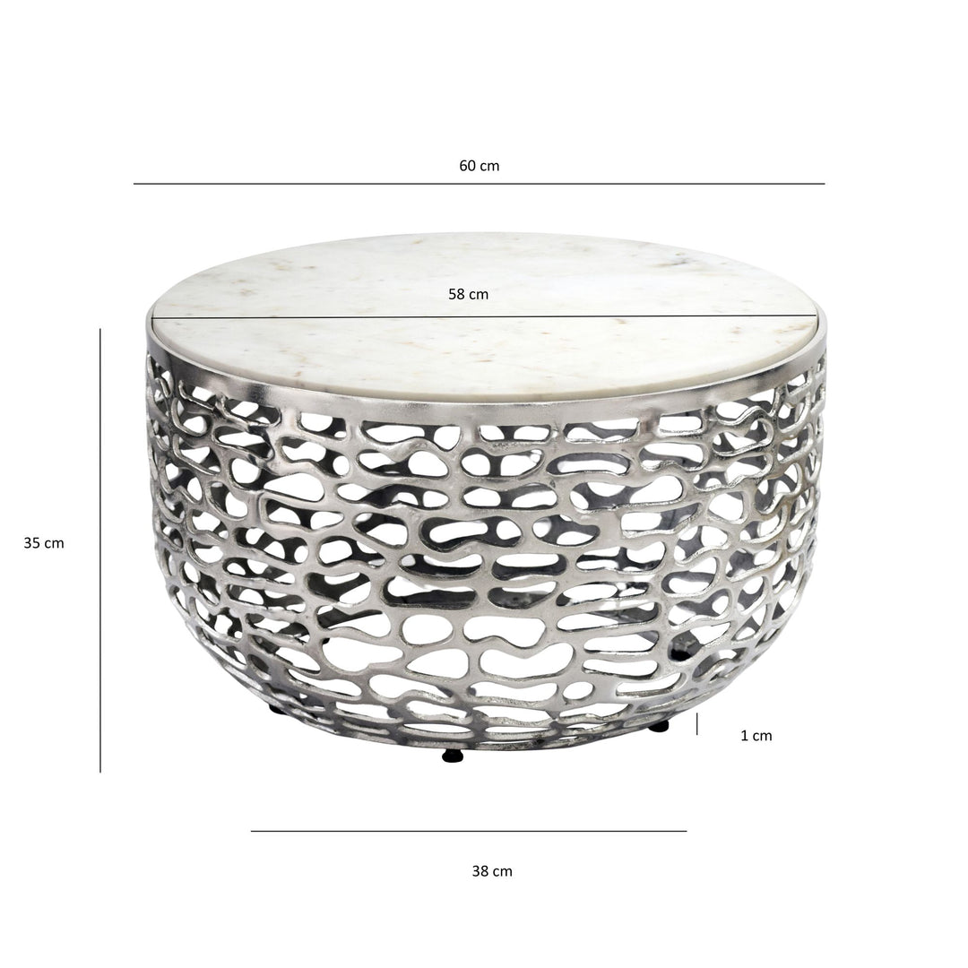 Designer metal sofabord sølvfarvet med hvid marmor, bordplade 60 cm rund, håndlavet