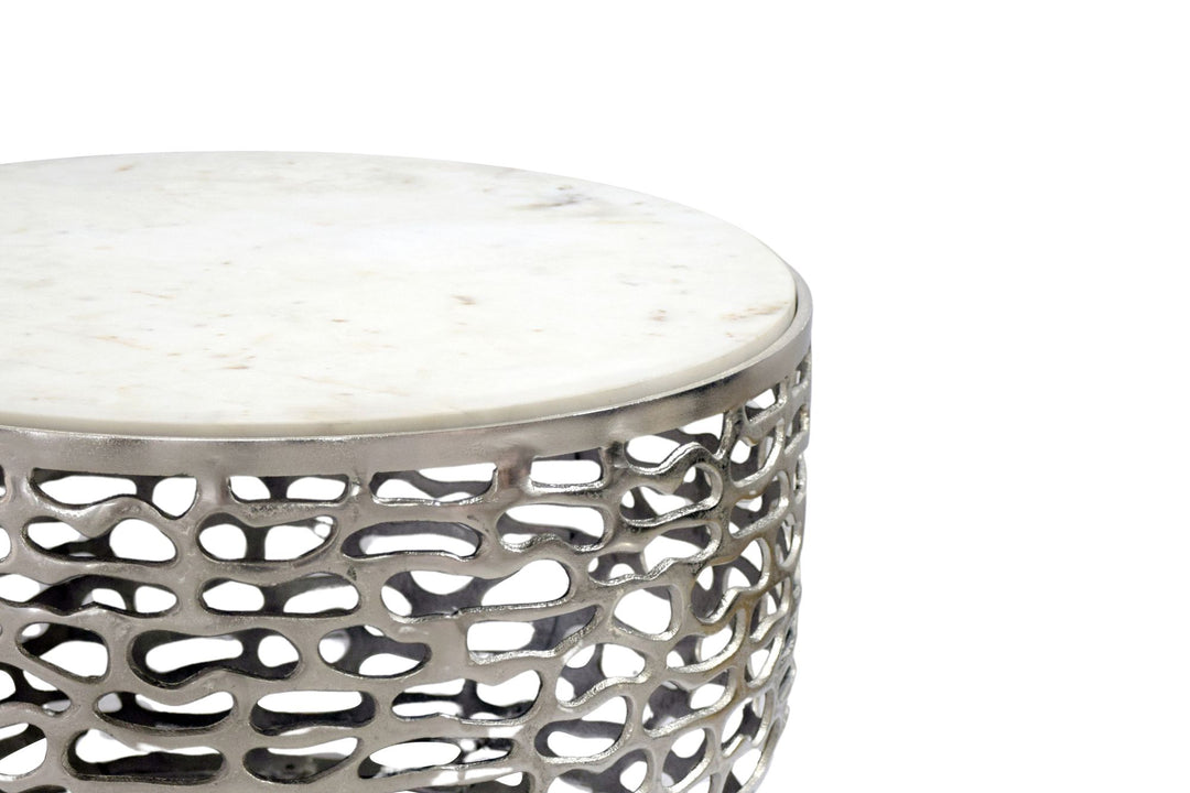 Designer metal sofabord sølvfarvet med hvid marmor, bordplade 60 cm rund, håndlavet