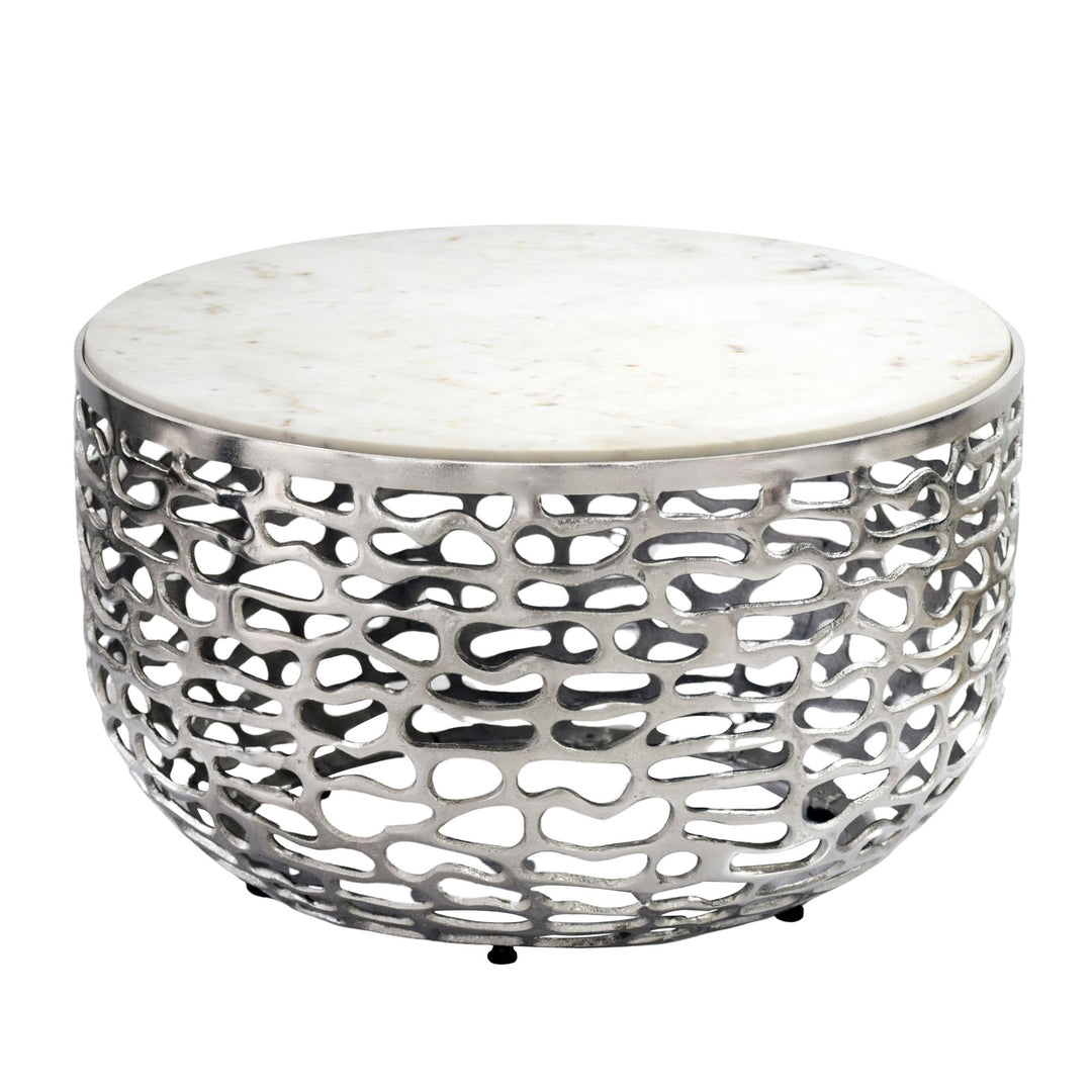Designer metal sofabord sølvfarvet med hvid marmor, bordplade 60 cm rund, håndlavet
