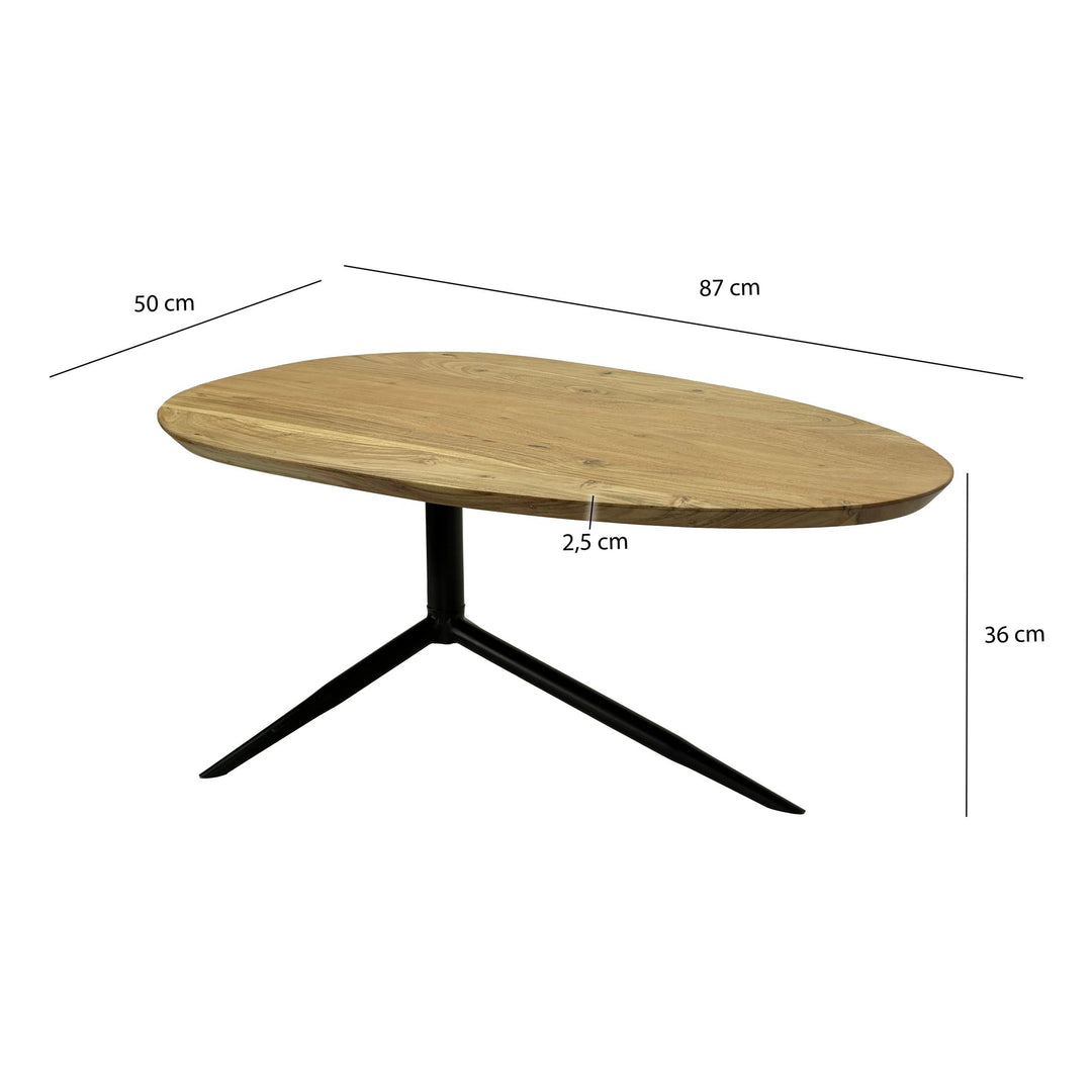 Ovalt sofabord i massivt akacietræ 87 cm, ovalt stuebord med sort metalfod, håndlavet