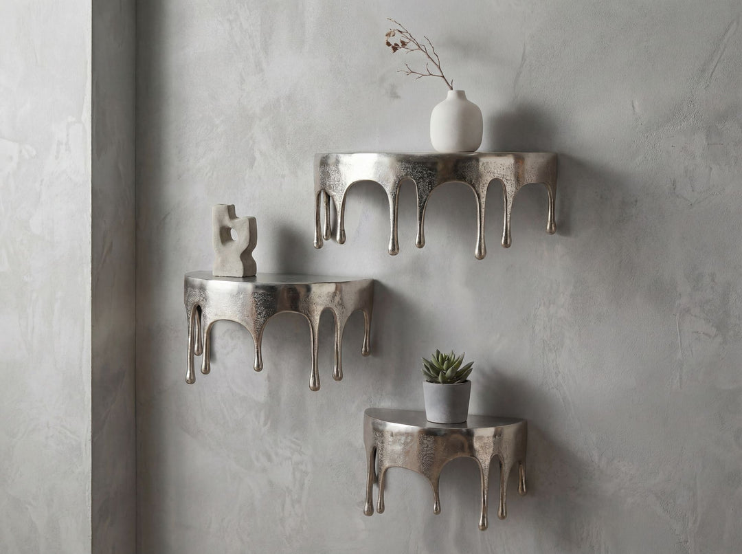 Sæt med 3 væghylder i aluminium - Sølvfarvet - Dråbedesign - Håndlavet