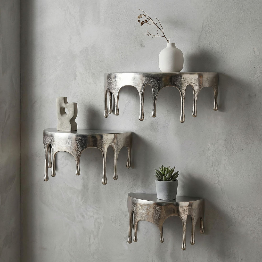 Sæt med 3 væghylder i aluminium - Sølvfarvet - Dråbedesign - Håndlavet