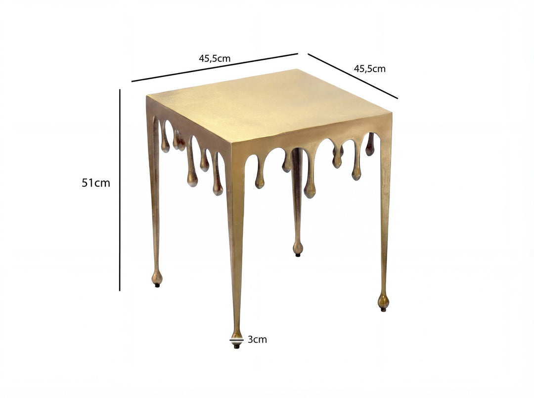 Kvadratisk sidebord i aluminium - 45,5 cm - Guldfarvet - Dråbedesign - Håndlavet