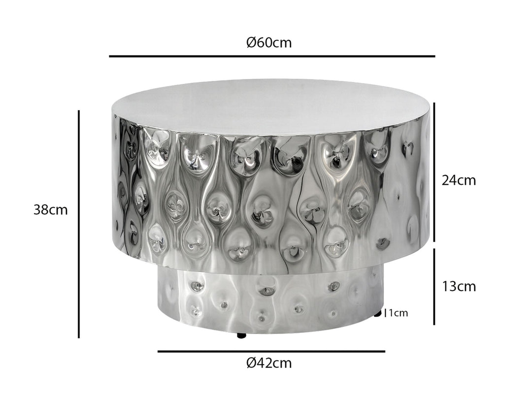 Sofabord i aluminium 60 cm sølv – rundt designbord til stuen – moderne loungebord – tromleformet sofabord – håndlavet sidebord