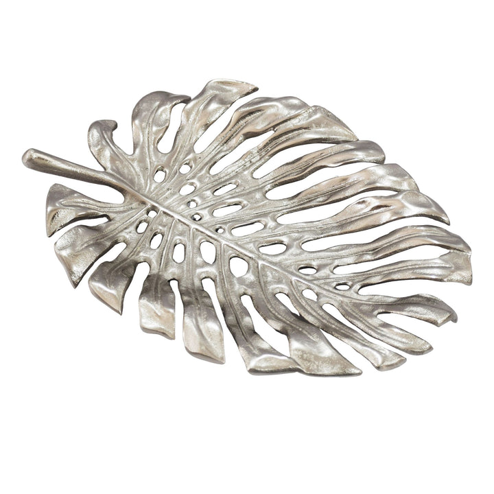 Dekorationsskål i aluminium - Monstera bladdesign - 36 cm - Sølvfarvet - Håndlavet