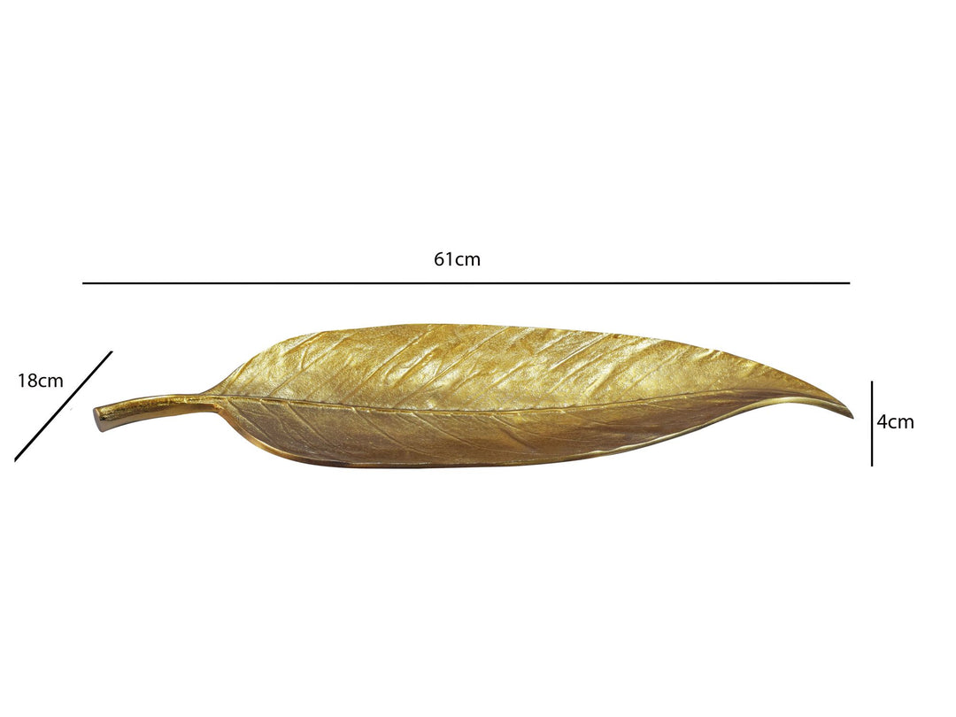 Dekorationsskål i aluminium - Bladdesign - 61 cm - Guldfarvet - Håndlavet