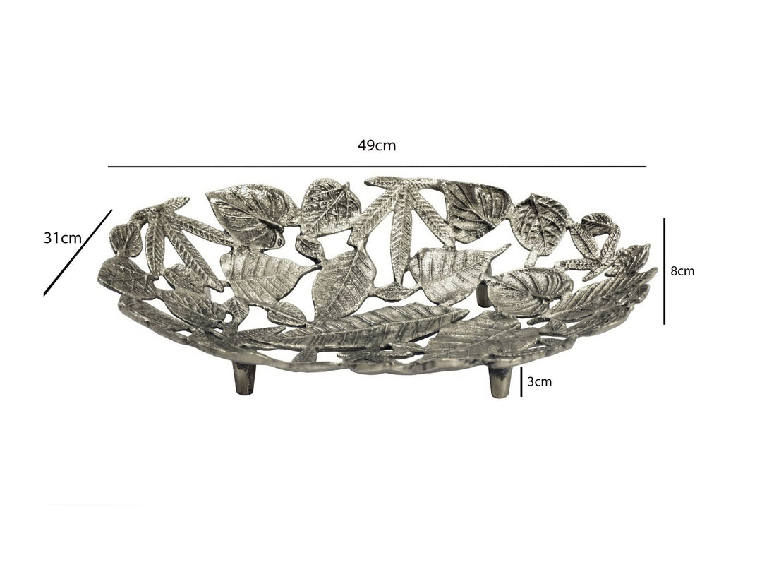 Oval dekorationsskål i aluminium med fod - 49 cm - Sølvfarvet - Bladdesign