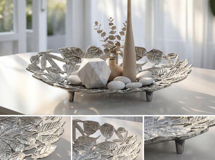 Oval dekorationsskål i aluminium med fod - 49 cm - Sølvfarvet - Bladdesign