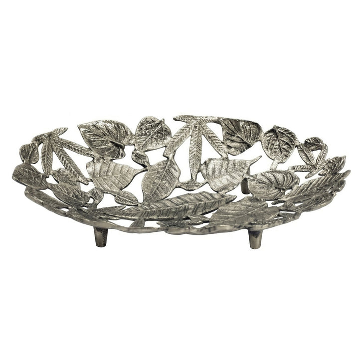 Oval dekorationsskål i aluminium med fod - 49 cm - Sølvfarvet - Bladdesign