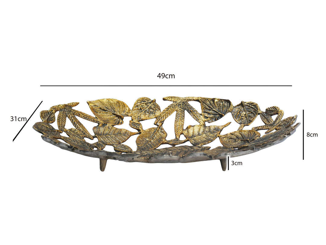 Oval dekorationsskål i aluminium med fod - 49 cm - Guldfarvet - Bladdesign