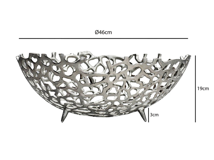 Frugtskål i sølvfarvet metal 46 cm – rund borddekoration – moderne frugtskål med fod i aluminium – elegant dekorationsskål – håndlavet frugtkurv