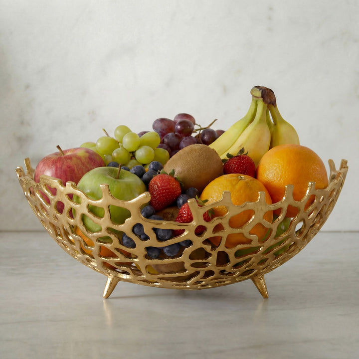 Frugtskål i guldfarvet metal 46 cm – rund borddekoration – moderne frugtskål med fod i aluminium – elegant dekorationsskål – håndlavet frugtkurv