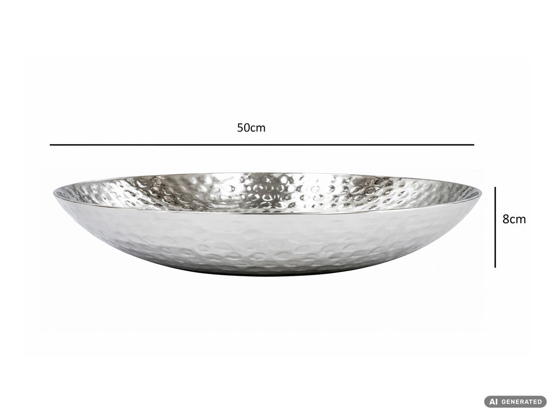 Frugtskål i sølvfarvet metal 50 cm – rund borddekoration – moderne frugtskål med hamret finish i aluminium – elegant dekorationsskål – håndlavet