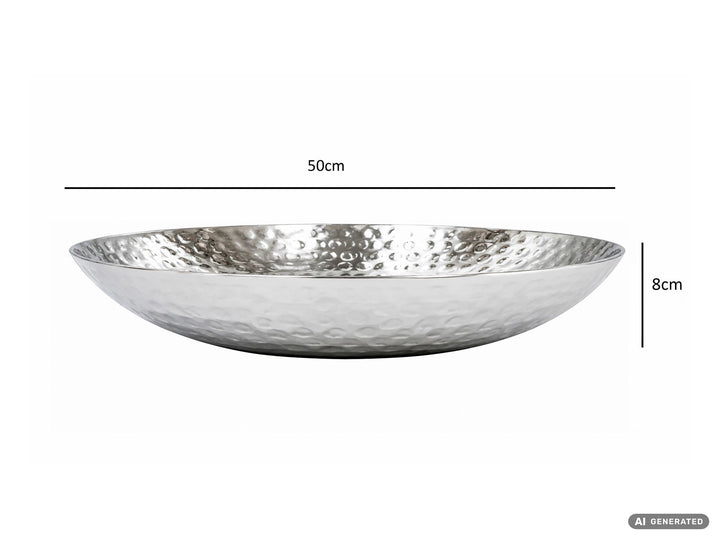 Frugtskål i sølvfarvet metal 50 cm – rund borddekoration – moderne frugtskål med hamret finish i aluminium – elegant dekorationsskål – håndlavet