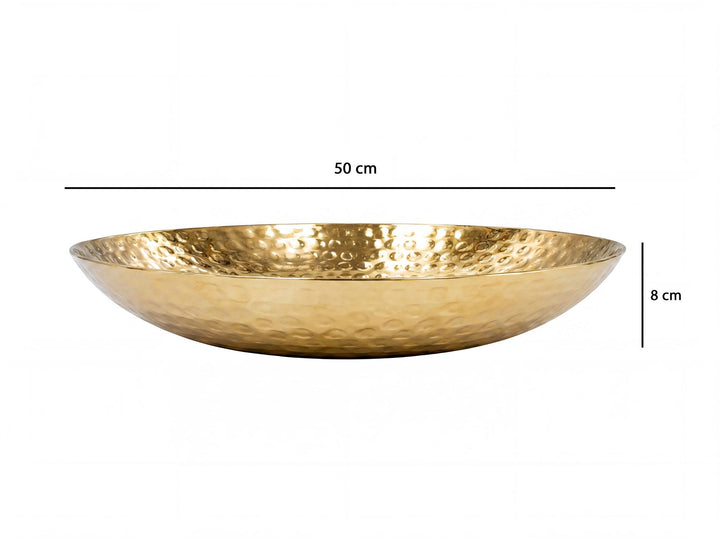 Frugtskål i guldfarvet metal 50 cm – rund borddekoration – moderne frugtskål med hamret finish i aluminium – elegant håndlavet skål