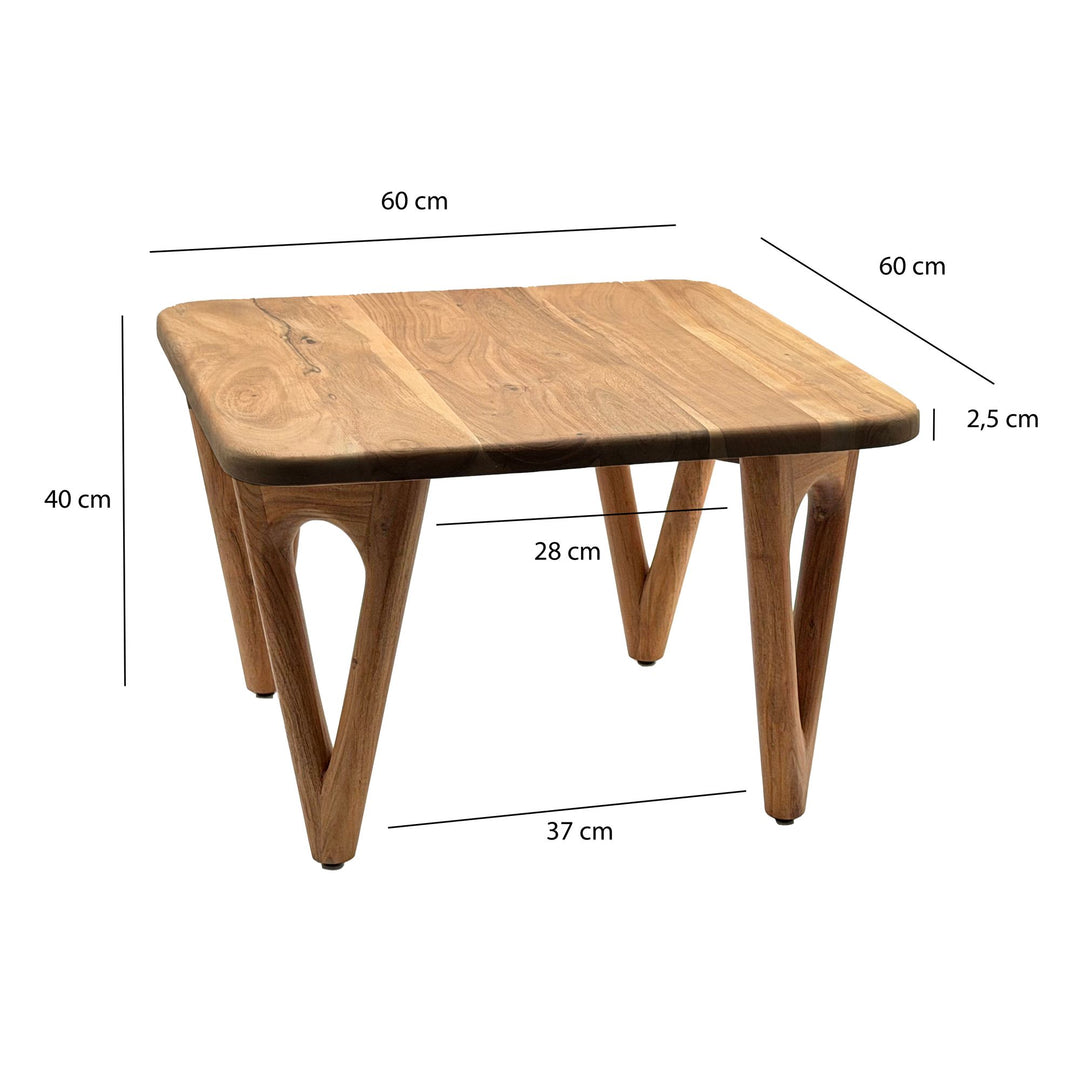 Sofabord i massivt akacietræ 60 cm - firkantet stuebord - moderne sofabord i træ - Design loungebord med afrundede hjørner, rustikt, håndlavet