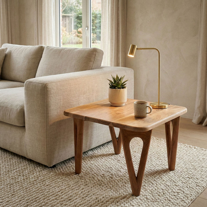 Sofabord i massivt akacietræ 60 cm - firkantet stuebord - moderne sofabord i træ - Design loungebord med afrundede hjørner, rustikt, håndlavet