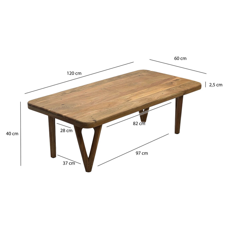 Sofabord i massivt akacietræ 120 cm - rektangulært stuebord - designer loungebord med afrundede hjørner, landligt, håndlavet