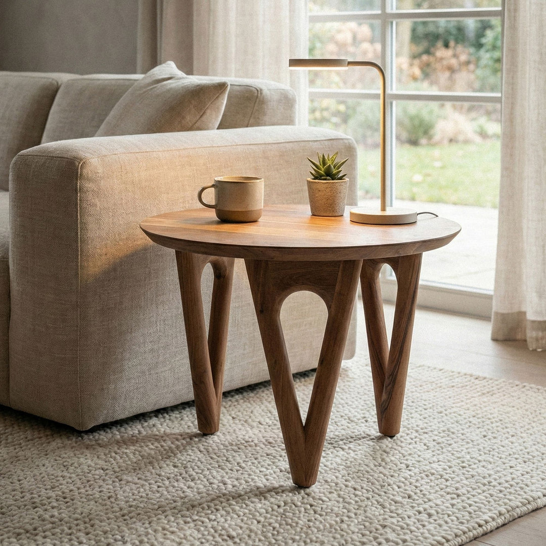 Rundt sofabord 60 cm stuebord akacie massivt træ - træsofabord - moderne loungebord - massivt designbord - landligt sidebord håndlavet