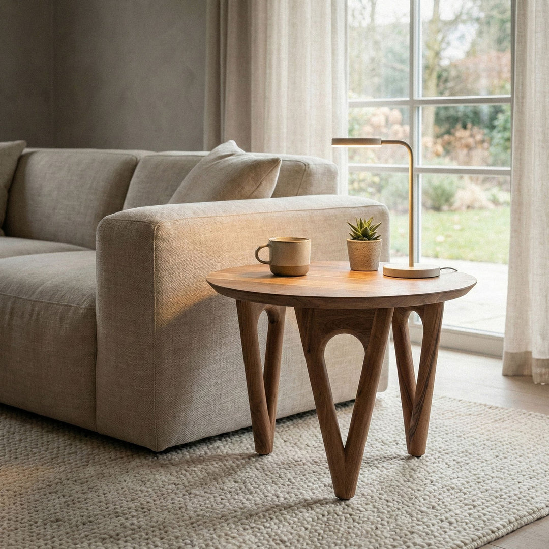 Rundt sofabord 60 cm stuebord akacie massivt træ - træsofabord - moderne loungebord - massivt designbord - landligt sidebord håndlavet