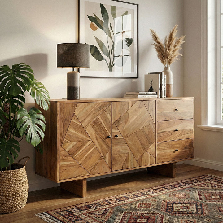 Designer skænk i massivt træ i akacie, 150 cm med 2 døre og 3 skuffer - Kommode i massivt træ med geometrisk front, håndlavet