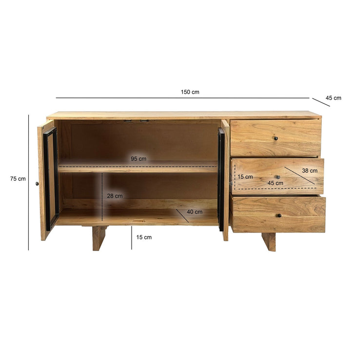 Designer skænk i massivt træ i akacie, 150 cm med 2 døre og 3 skuffer - Kommode i massivt træ med geometrisk front, håndlavet