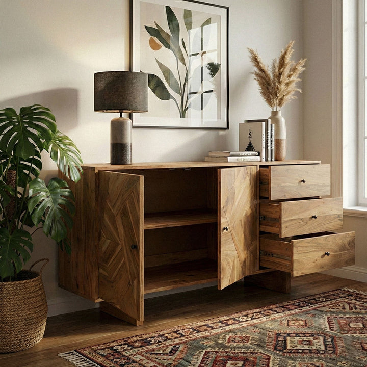 Designer skænk i massivt træ i akacie, 150 cm med 2 døre og 3 skuffer - Kommode i massivt træ med geometrisk front, håndlavet