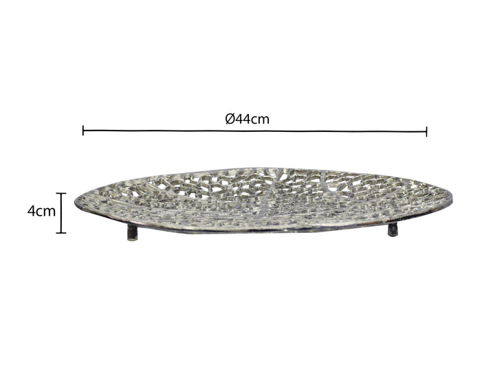 Rund dekorationsskål i aluminium med fod - Ø44 cm -  Sølvfarvet - Håndlavet