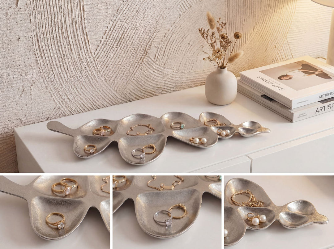 Dekorationsskål i aluminium - Bladdesign - 60,5 cm - Sølv - Håndlavet
