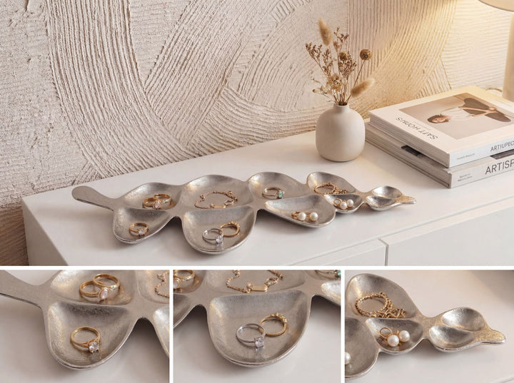 Dekorationsskål i aluminium - Bladdesign - 60,5 cm - Sølv - Håndlavet
