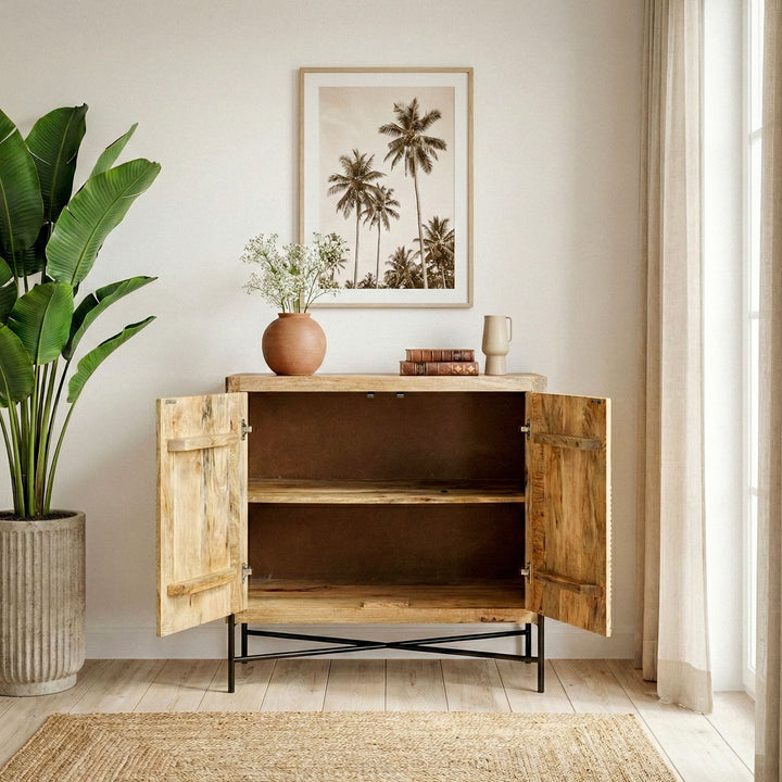 Skænk Mango Massivt Træ 91x96cm - Kommode med 2 Låger - Stueskab med Metalben, håndlavet