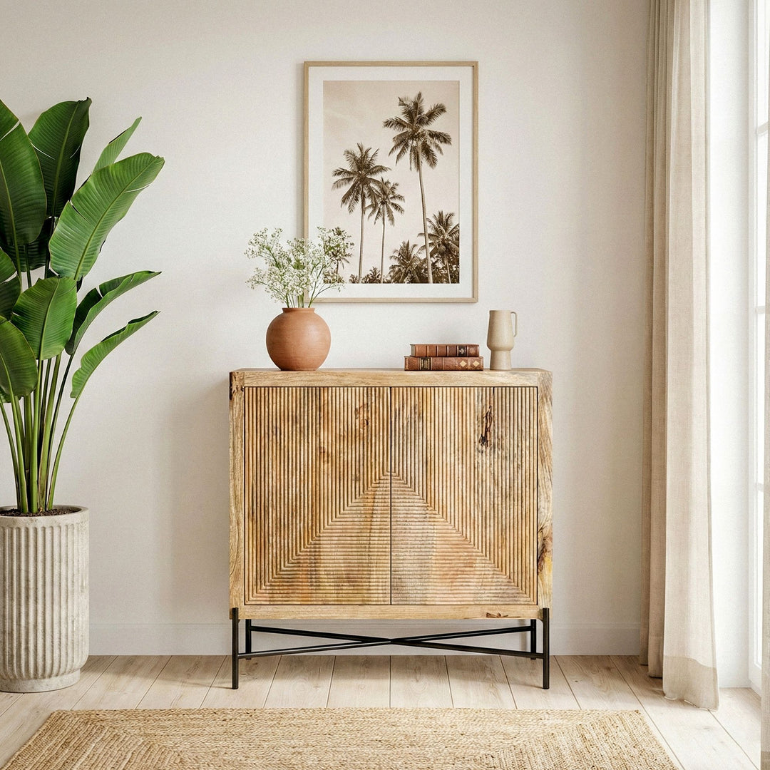 Skænk Mango Massivt Træ 91x96cm - Kommode med 2 Låger - Stueskab med Metalben, håndlavet