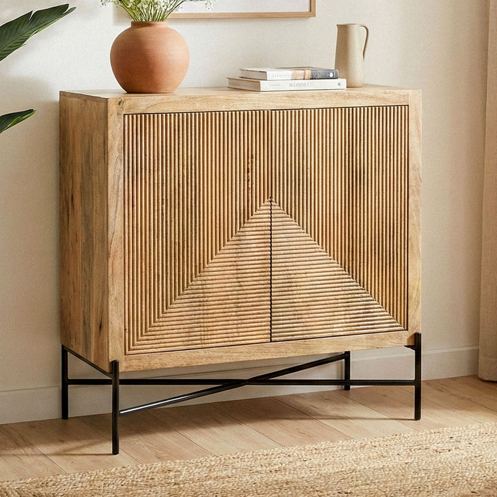 Skænk Mango Massivt Træ 91x96cm - Kommode med 2 Låger - Stueskab med Metalben, håndlavet