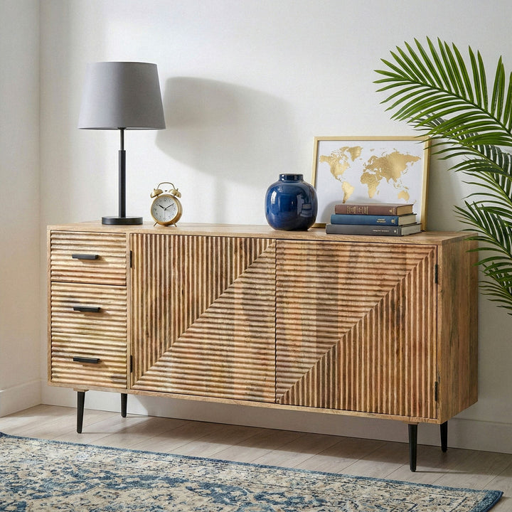 Håndlavet skænk i massivt træ 160cm - kommode med 2 låger og 3 skuffer