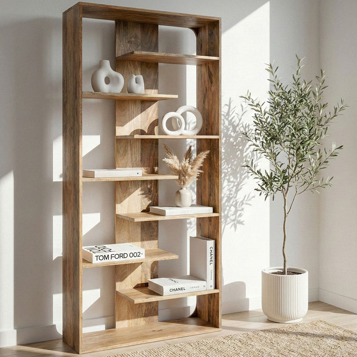 Håndlavet dekorativ designer bogreol 200cm i massivt mangotræ, Bredde: 90 cm Højde: 200 cm Dybde: 40 cm