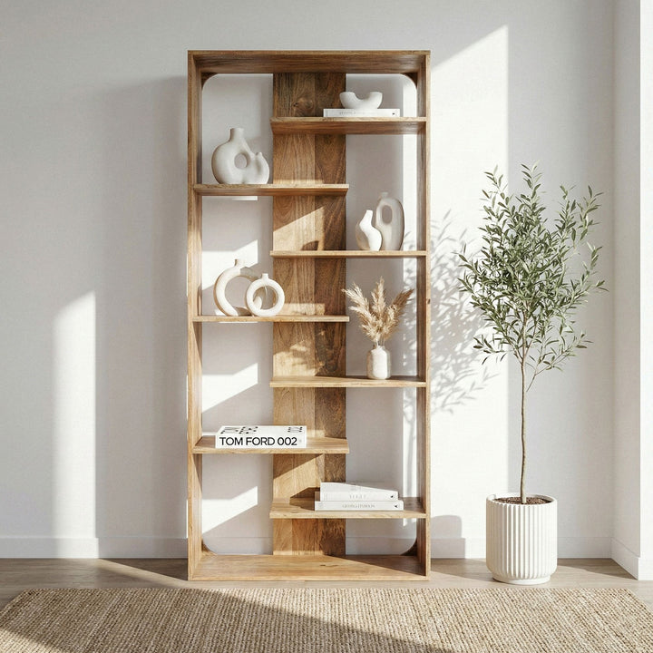 Håndlavet dekorativ designer bogreol 200cm i massivt mangotræ, Bredde: 90 cm Højde: 200 cm Dybde: 40 cm