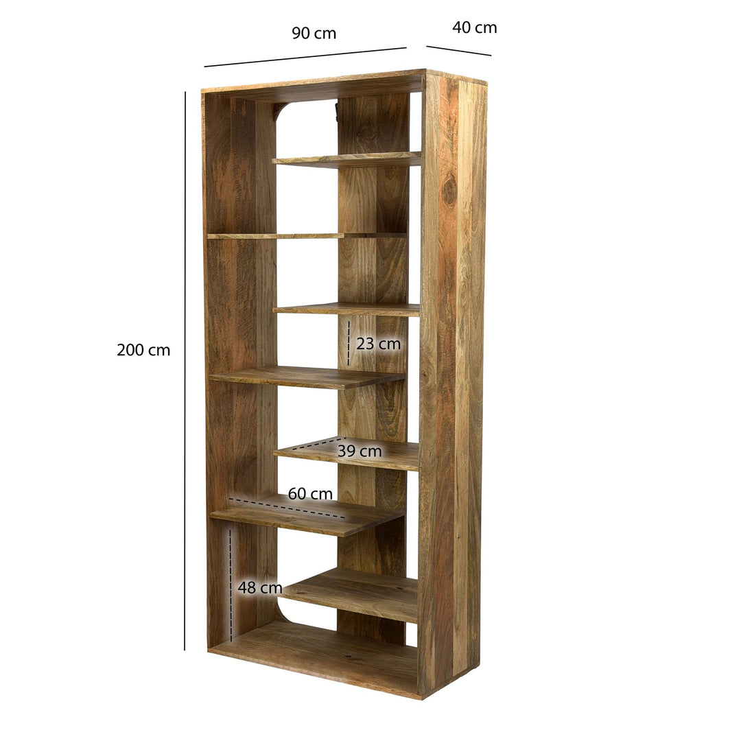 Håndlavet dekorativ designer bogreol 200cm i massivt mangotræ, Bredde: 90 cm Højde: 200 cm Dybde: 40 cm