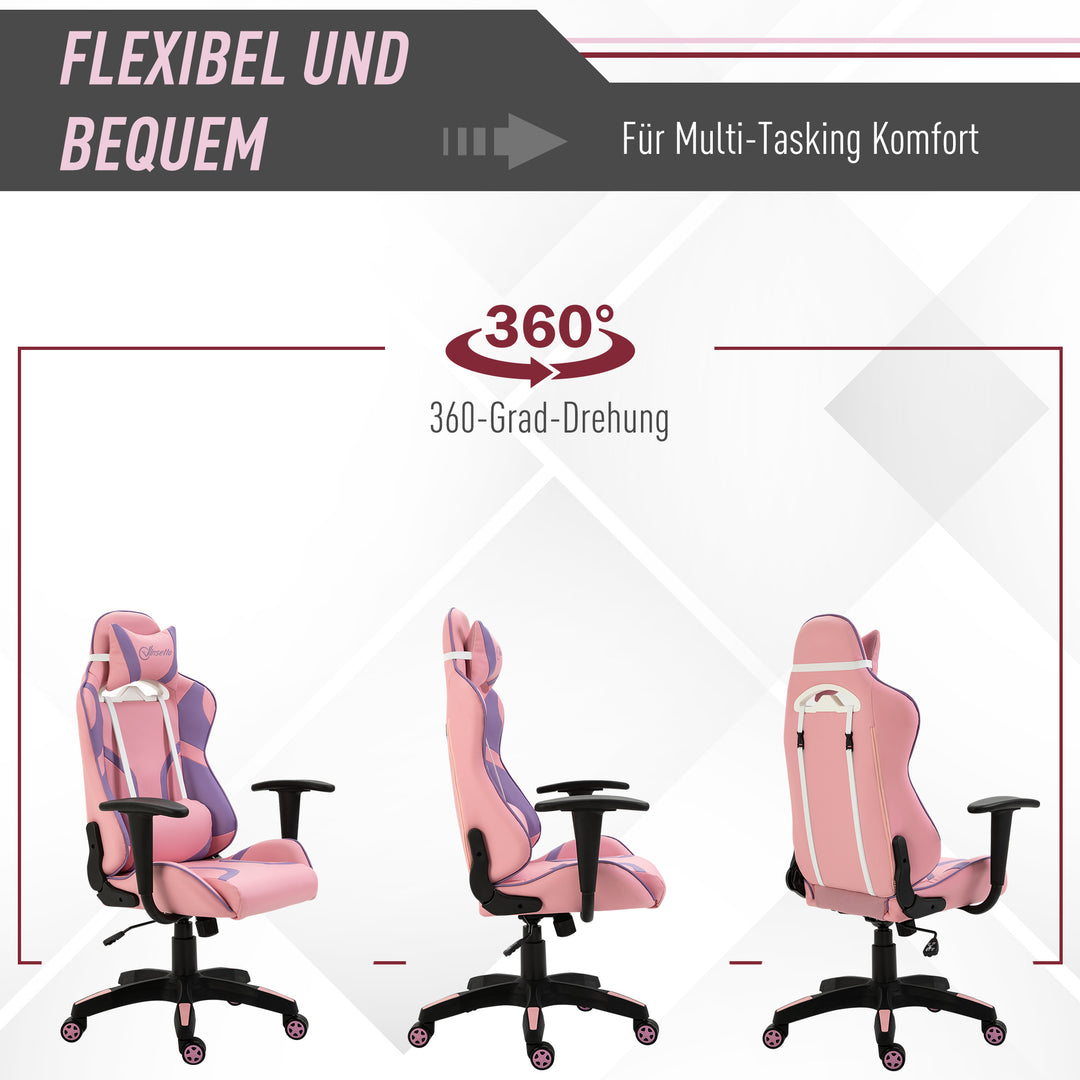 Ergonomisk gamingstol kontorstol drejestol justerbar massage lændepude højdejusterbar pink og lilla 69 x 56 x 125,5 cm
