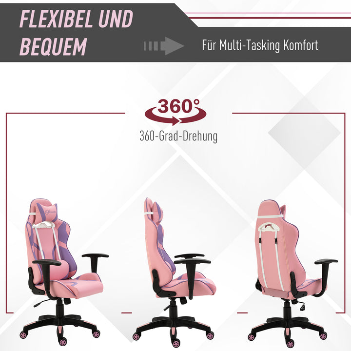 Ergonomisk gamingstol kontorstol drejestol justerbar massage lændepude højdejusterbar pink og lilla 69 x 56 x 125,5 cm