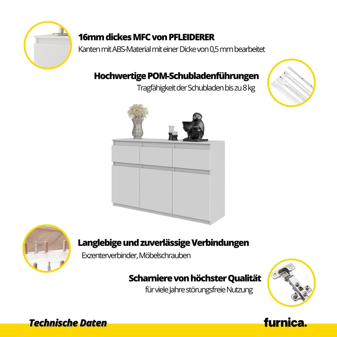 NOAH - Kommode med 3 skuffer - naturfarvet / højglans hvid H75cm B120cm D35cm