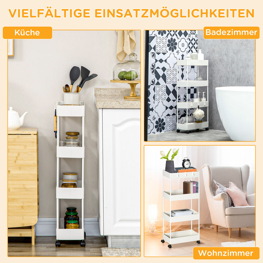 Køkkenvogn med 4 hylder, 4 fleksible kroge, 4 hjul, 40 cm x 19 cm x 90 cm, nichevogn, hvid