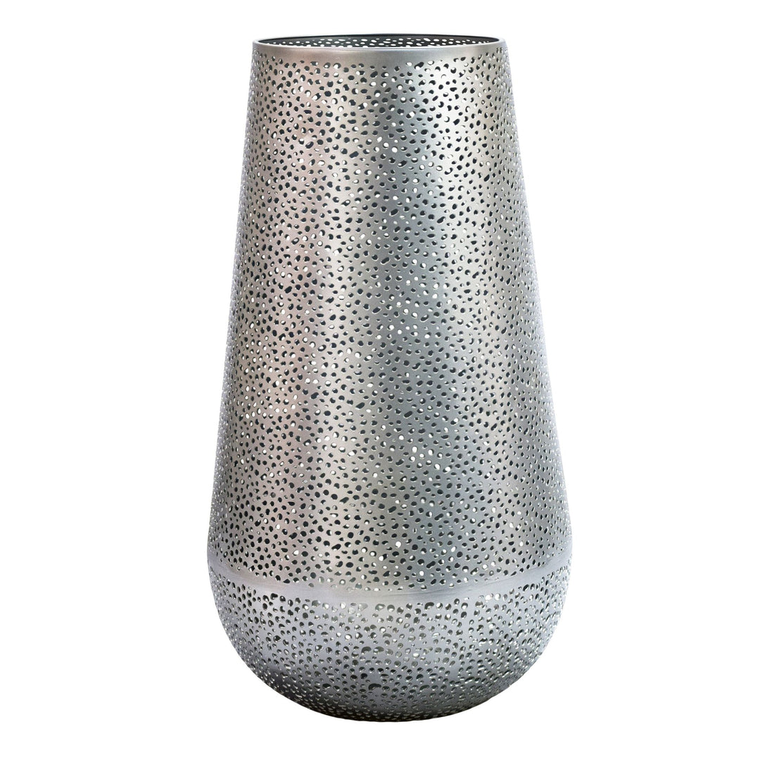 Dekorationsvase i sølvfarvet metal 47 cm – stor moderne blomstervase – rund gulvvase til tørrede blomster – høj stående vase – håndlavet boligdekoration