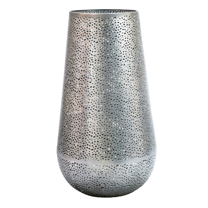 Dekorationsvase i sølvfarvet metal 47 cm – stor moderne blomstervase – rund gulvvase til tørrede blomster – høj stående vase – håndlavet boligdekoration