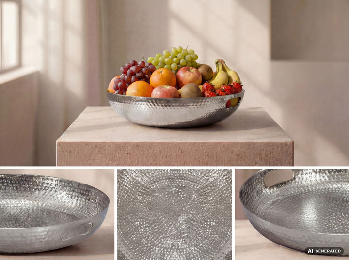 Frugtskål i sølvfarvet metal 38 cm – rund borddekoration – moderne frugtskål med hamret finish i aluminium – elegant dekorationsskål med håndtag – håndlavet