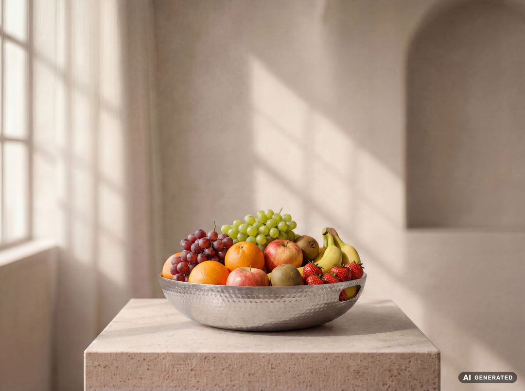 Frugtskål i sølvfarvet metal 38 cm – rund borddekoration – moderne frugtskål med hamret finish i aluminium – elegant dekorationsskål med håndtag – håndlavet