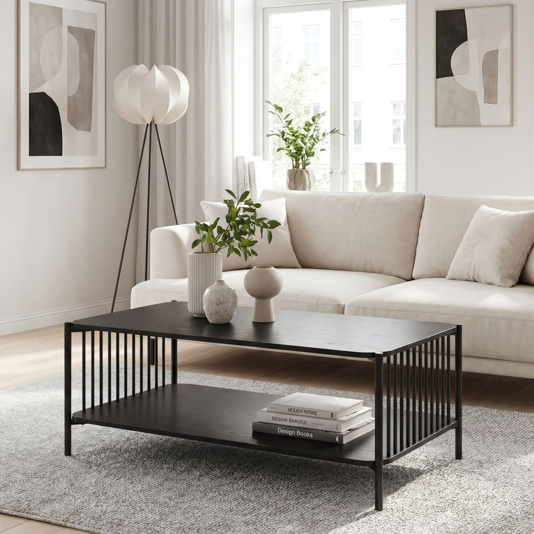 Sofabord i egetræslook med hylde - 110 x 60 cm - Sort metalstel