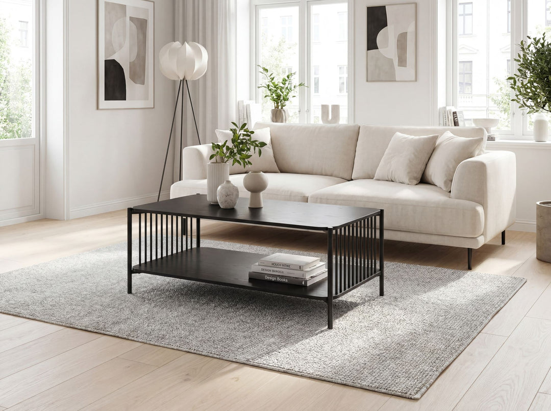 Sofabord i egetræslook med hylde - 110 x 60 cm - Sort metalstel
