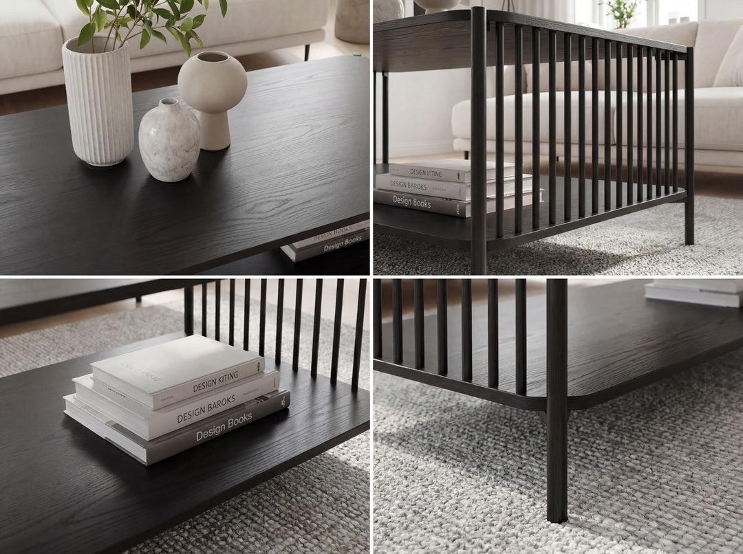 Sofabord i egetræslook med hylde - 110 x 60 cm - Sort metalstel