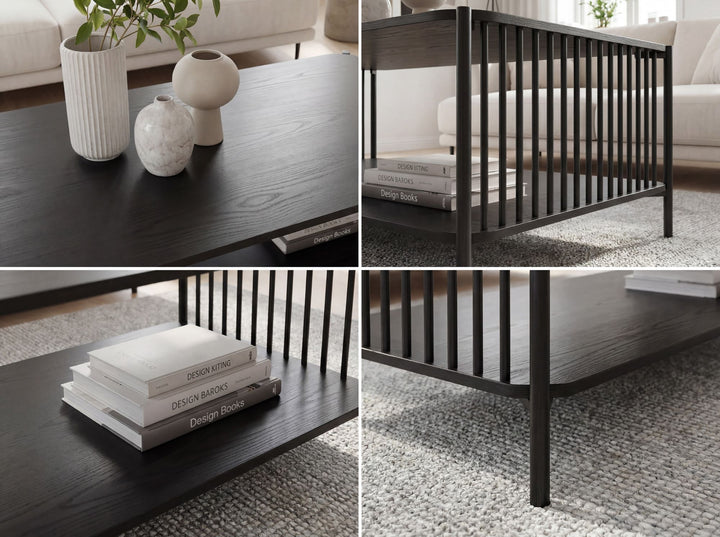 Sofabord i egetræslook med hylde - 110 x 60 cm - Sort metalstel