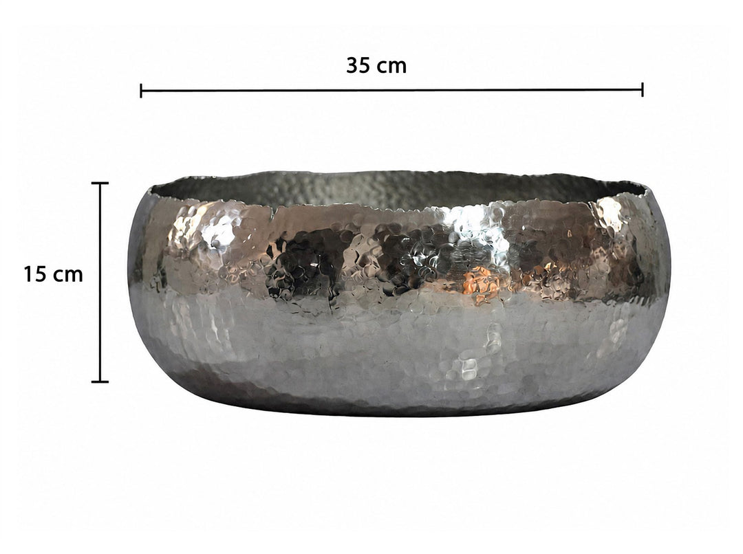 Frugtskål i sølvfarvet metal 35 cm – rund borddekoration – moderne frugtskål med hamret finish i aluminium – elegant håndlavet skål